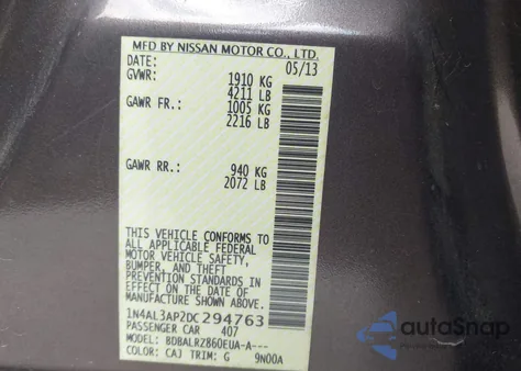 2013 Nissan Altima 2.5 S z USA, uszkodzony, nr VIN 1N4AL3AP2DC294763